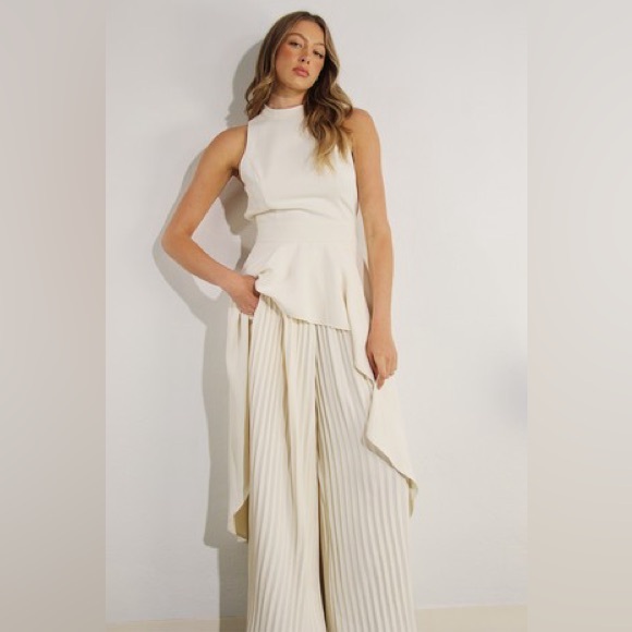 847. Hi Low Dressy Top and Pleated Pant Set in Beige - Picture 2 of 7